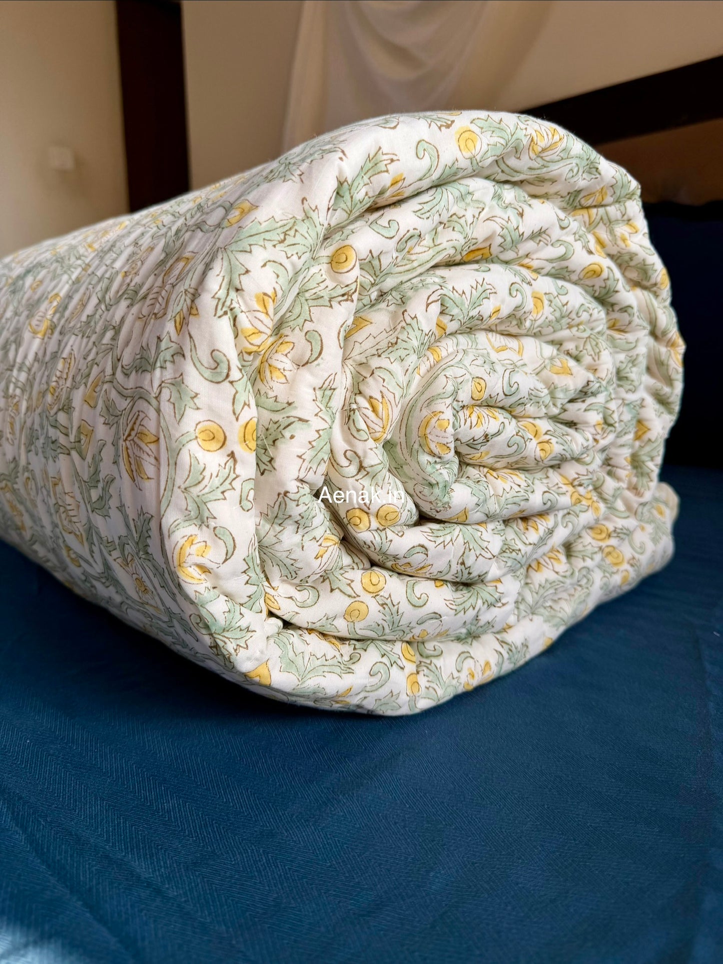 Yellow Blossom Handblock Reversible Mulmul Cotton Quilt