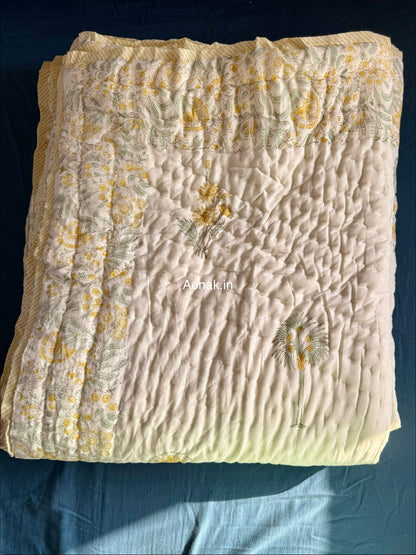 Yellow Blossom Handblock Reversible Mulmul Cotton Quilt