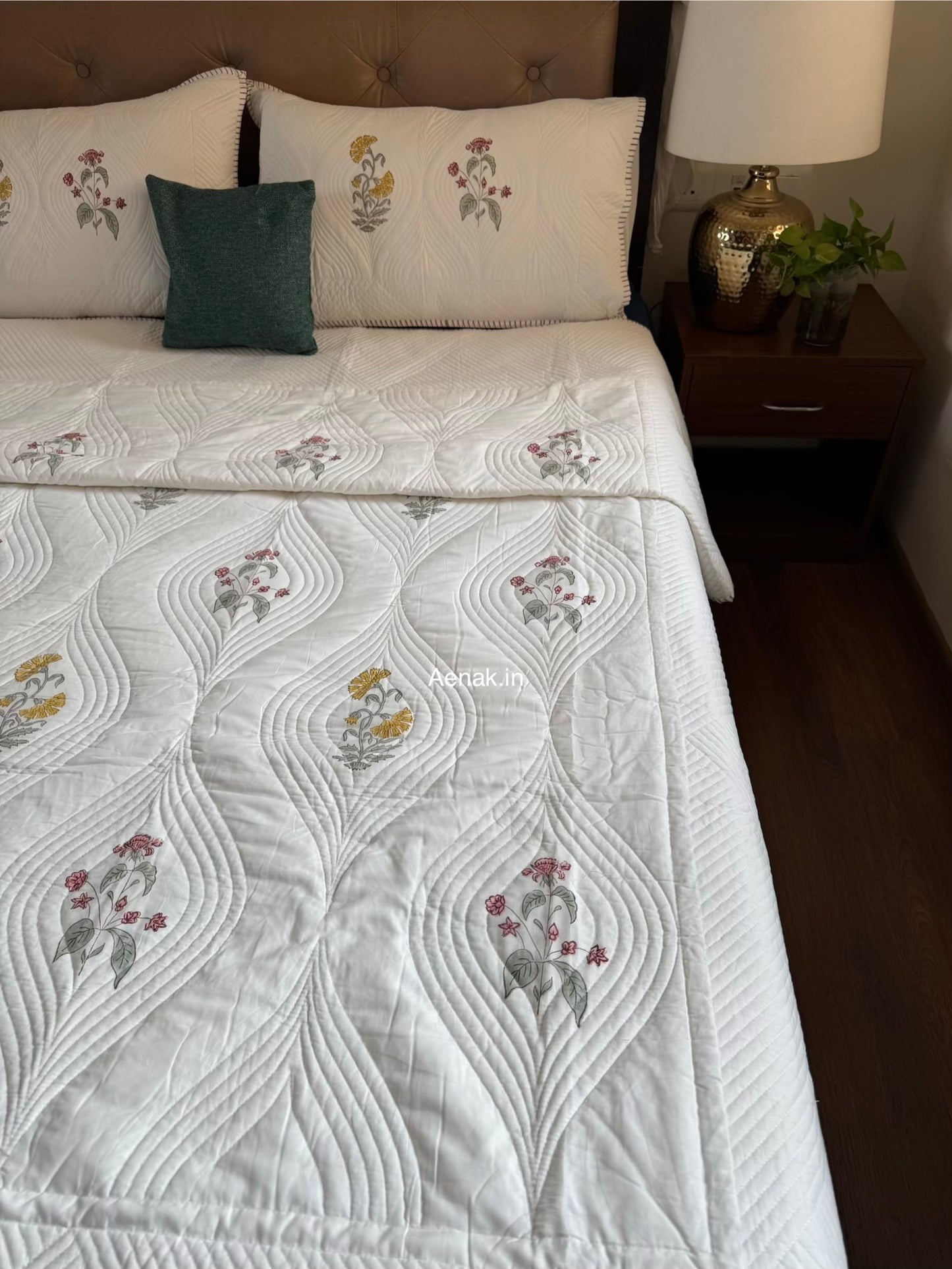 Pink Yellow Boota Embossed Quilted Handblock Bedcover Set