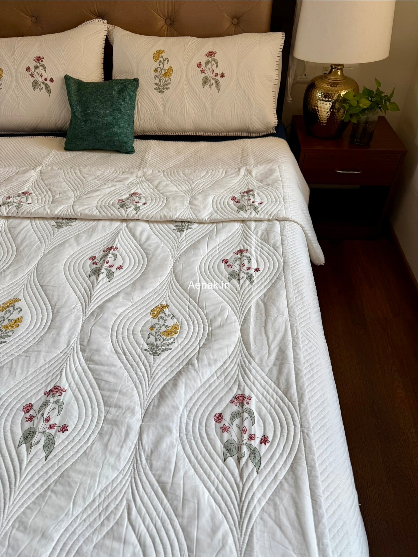 Pink Yellow Boota Embossed Quilted Handblock Bedcover Set