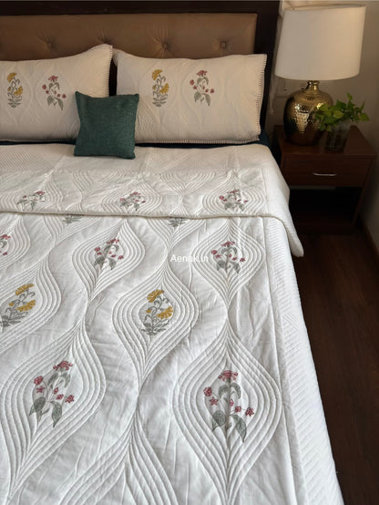 Pink Yellow Boota Embossed Quilted Handblock Bedcover