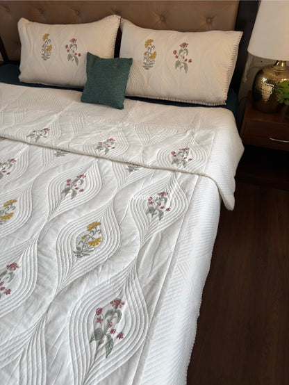 Pink Yellow Boota Embossed Quilted Handblock Bedcover
