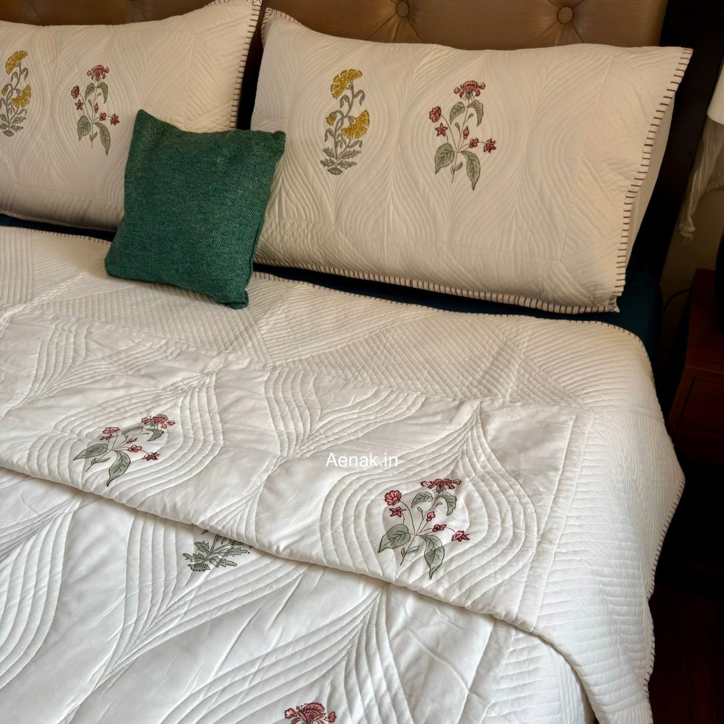 Pink Yellow Boota Embossed Quilted Handblock Bedcover Set