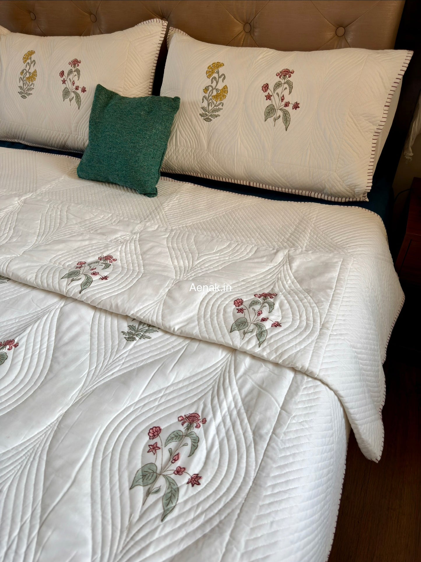 Pink Yellow Boota Embossed Quilted Handblock Bedcover Set