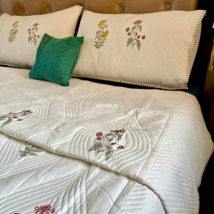 Pink Yellow Boota Embossed Quilted Handblock Bedcover Set