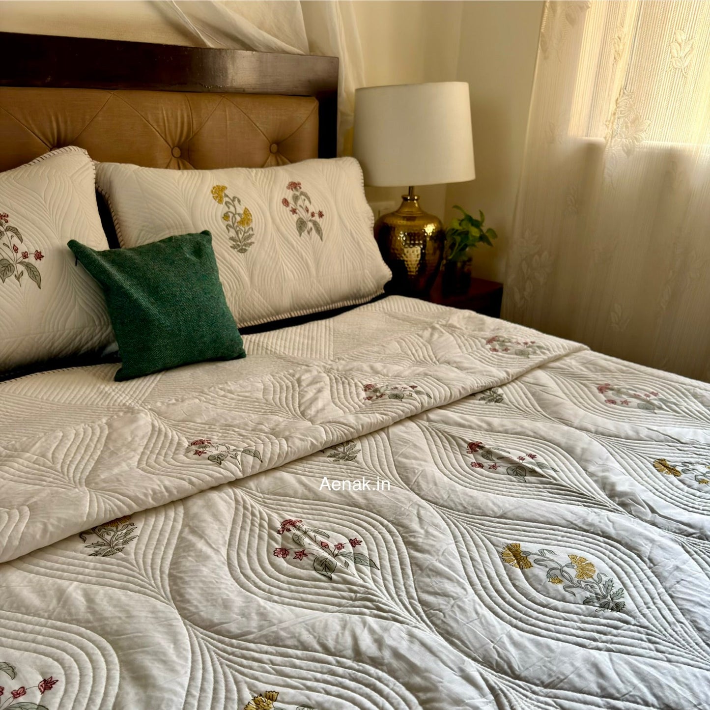 Pink Yellow Boota Embossed Quilted Handblock Bedcover Set