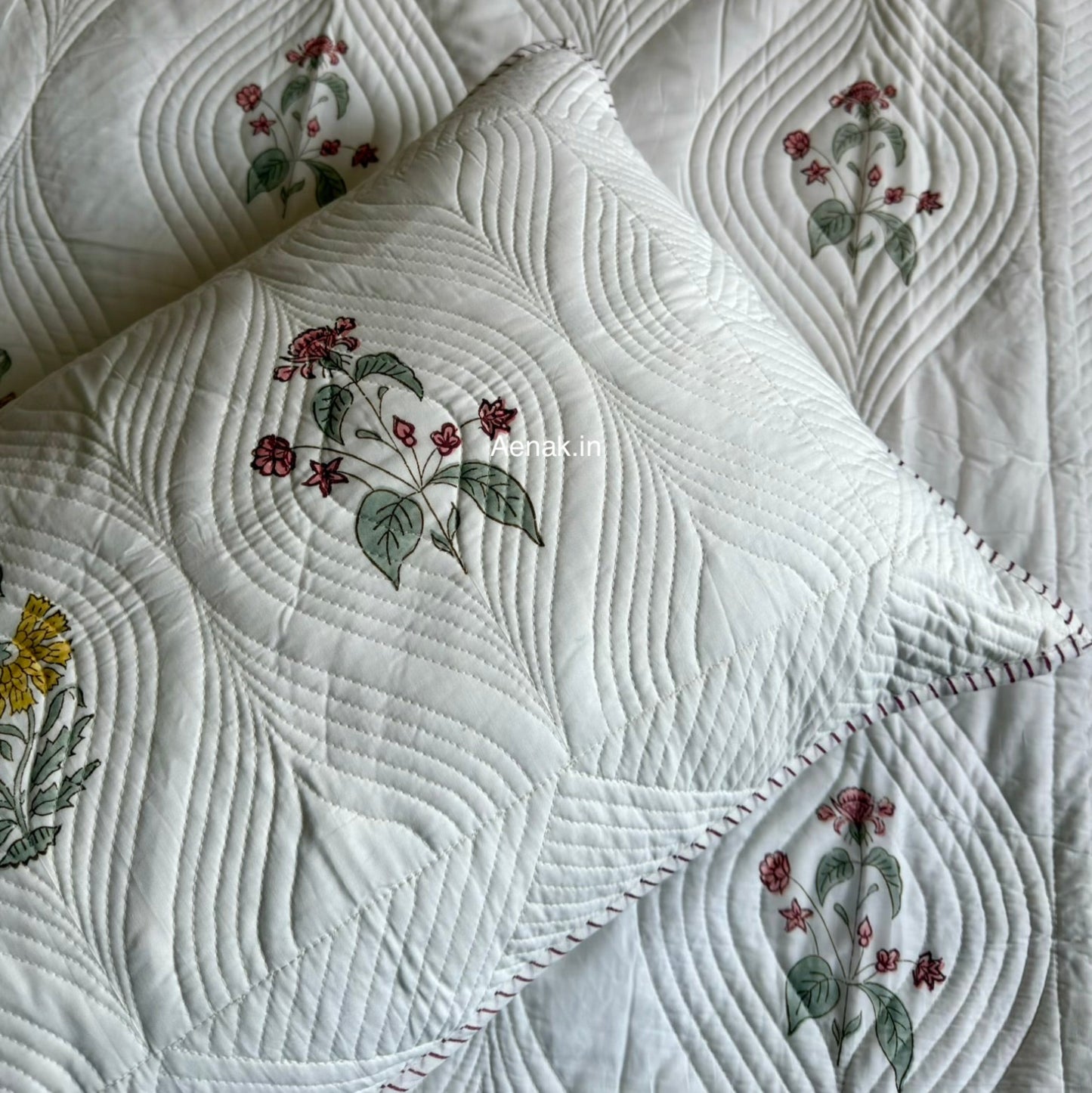 Pink Yellow Boota Embossed Quilted Handblock Bedcover Set