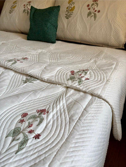 Pink Yellow Boota Embossed Quilted Handblock Bedcover Set