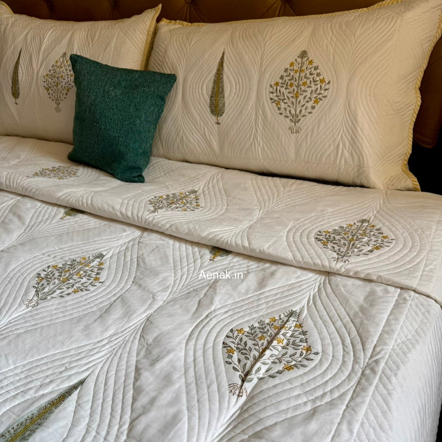 Yellow Boota Embossed Quilted Handblock Bedcover Set