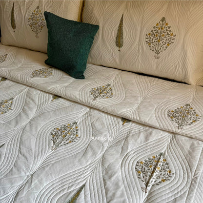 Yellow Boota Embossed Quilted Handblock Bedcover Set