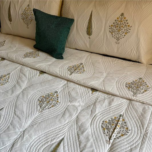 Yellow Boota Embossed Quilted Handblock Bedcover