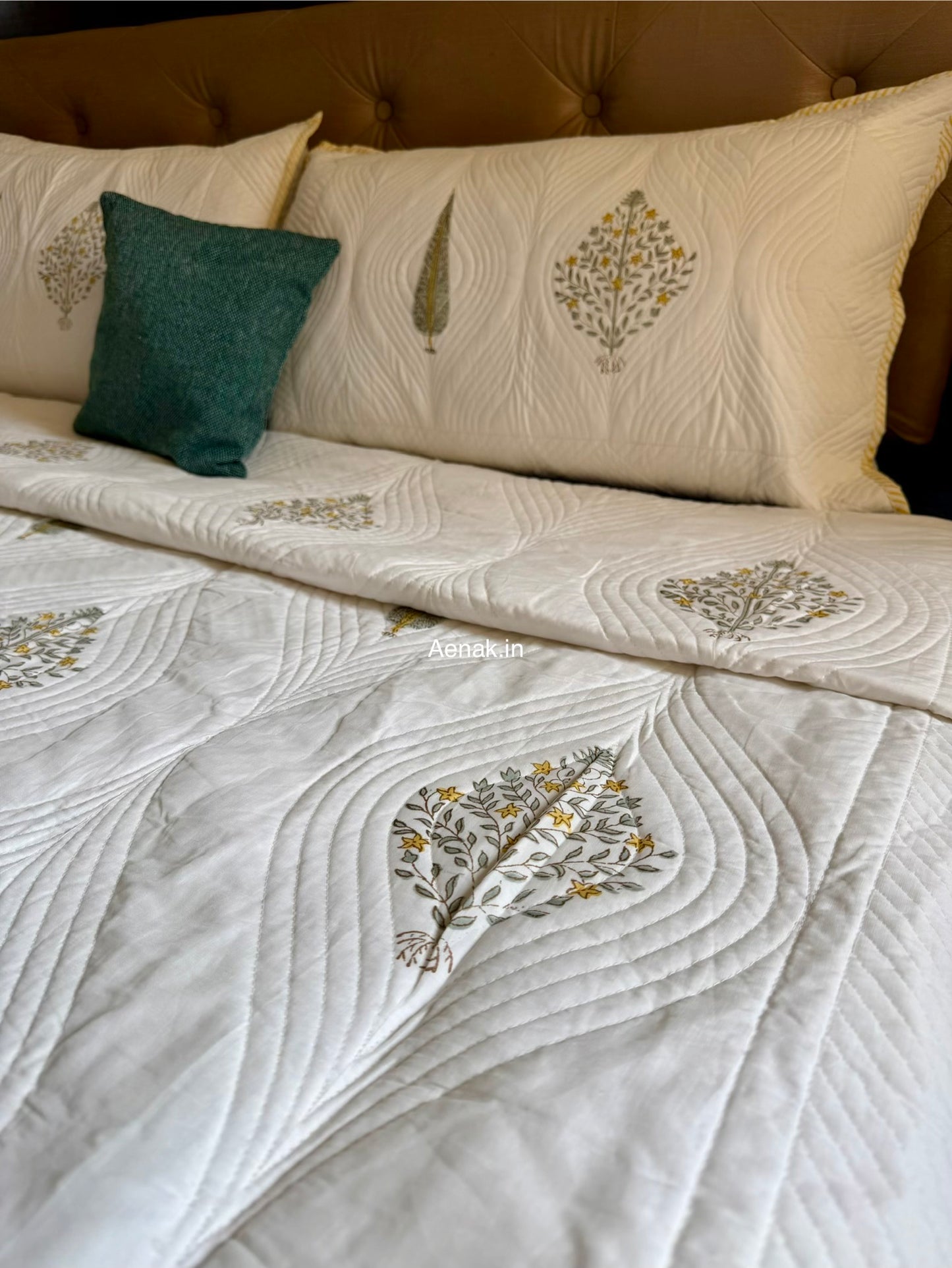 Yellow Boota Embossed Quilted Handblock Bedcover Set