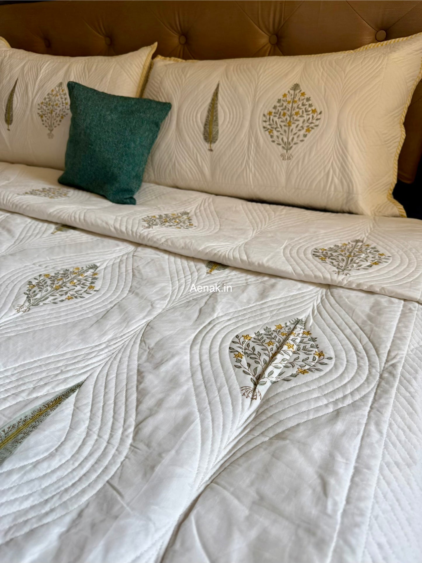 Yellow Boota Embossed Quilted Handblock Bedcover Set