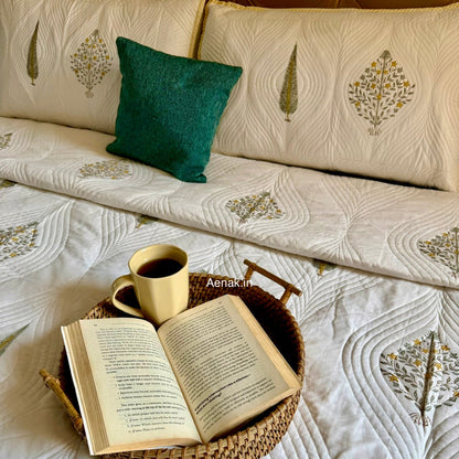 Yellow Boota Embossed Quilted Handblock Bedcover Set