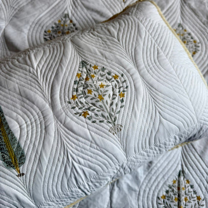 Yellow Boota Embossed Quilted Handblock Bedcover Set