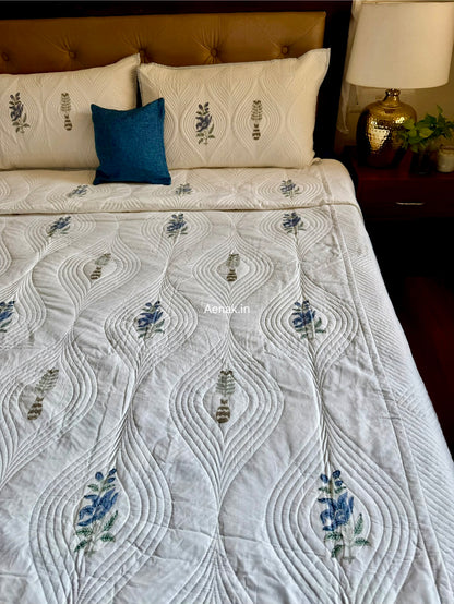 Blue Floral Embossed Quilted Handblock Bedcover Set
