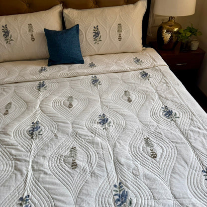 Blue Floral Embossed Quilted Handblock Bedcover Set