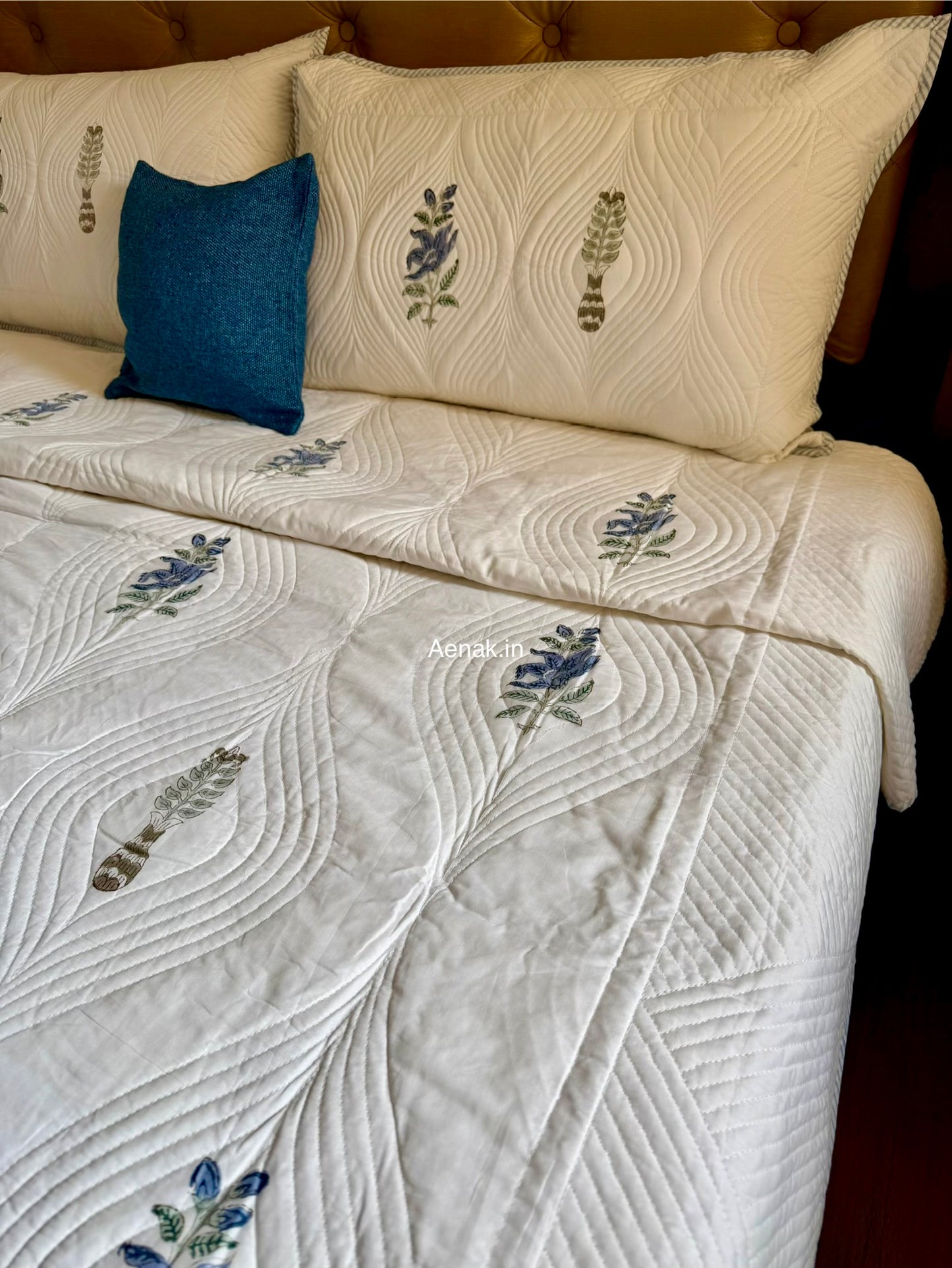 Blue Floral Embossed Quilted Handblock Bedcover Set