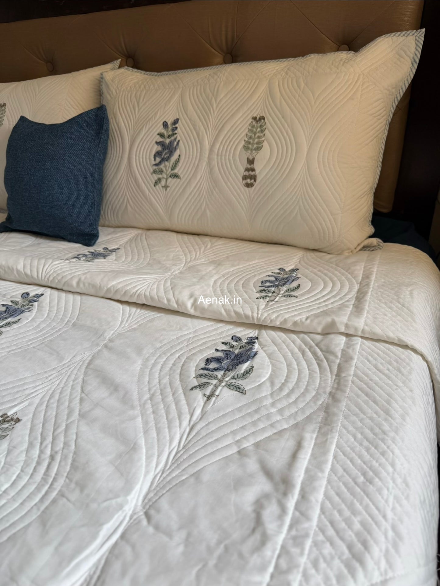 Blue Floral Embossed Quilted Handblock Bedcover Set
