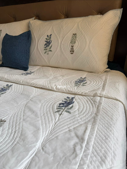 Blue Floral Embossed Quilted Handblock Bedcover Set