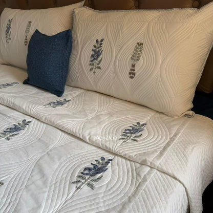 Blue Floral Embossed Quilted Handblock Bedcover Set