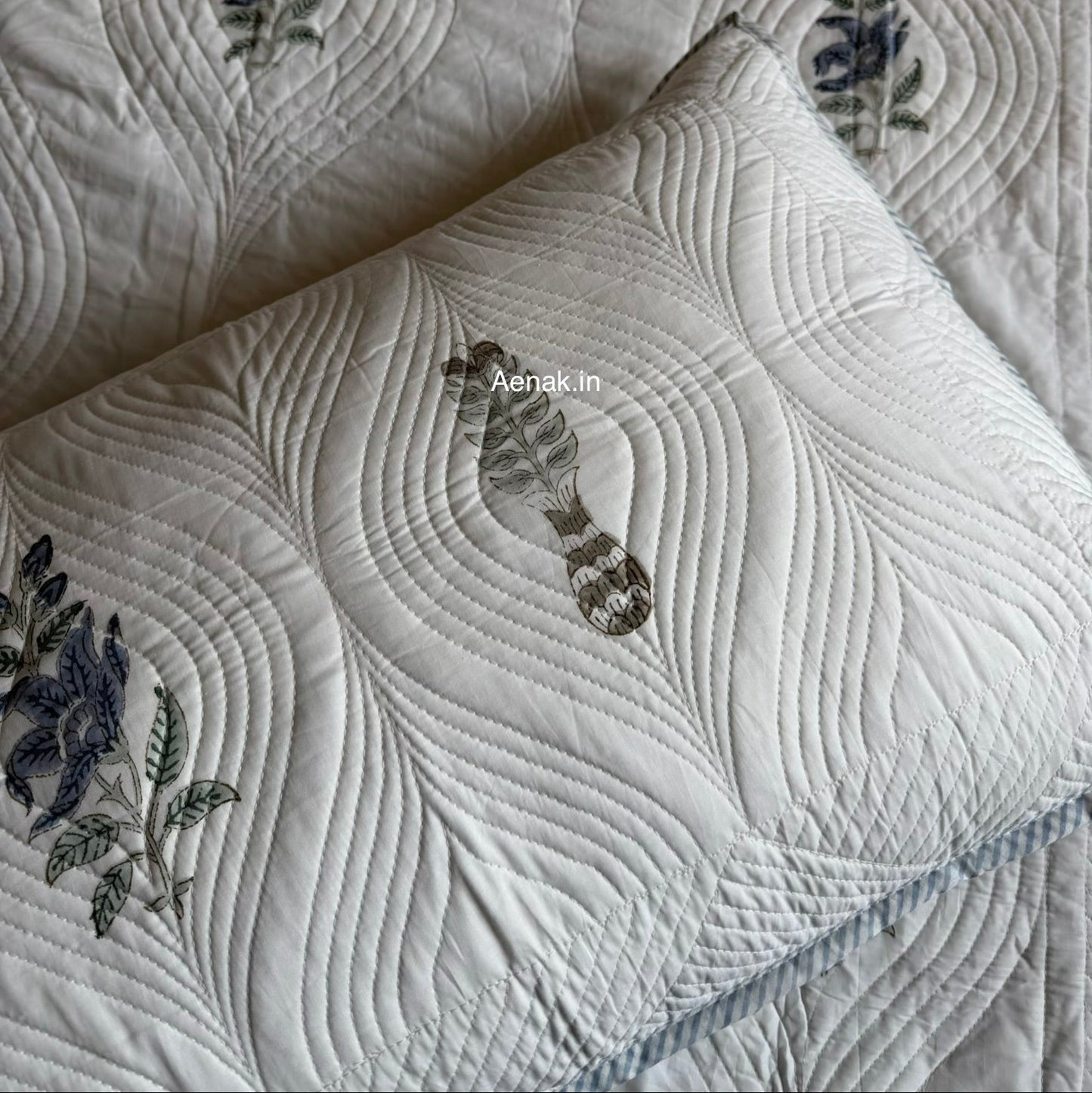 Blue Floral Embossed Quilted Handblock Bedcover Set
