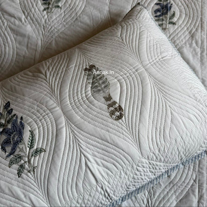 Blue Floral Embossed Quilted Handblock Bedcover Set