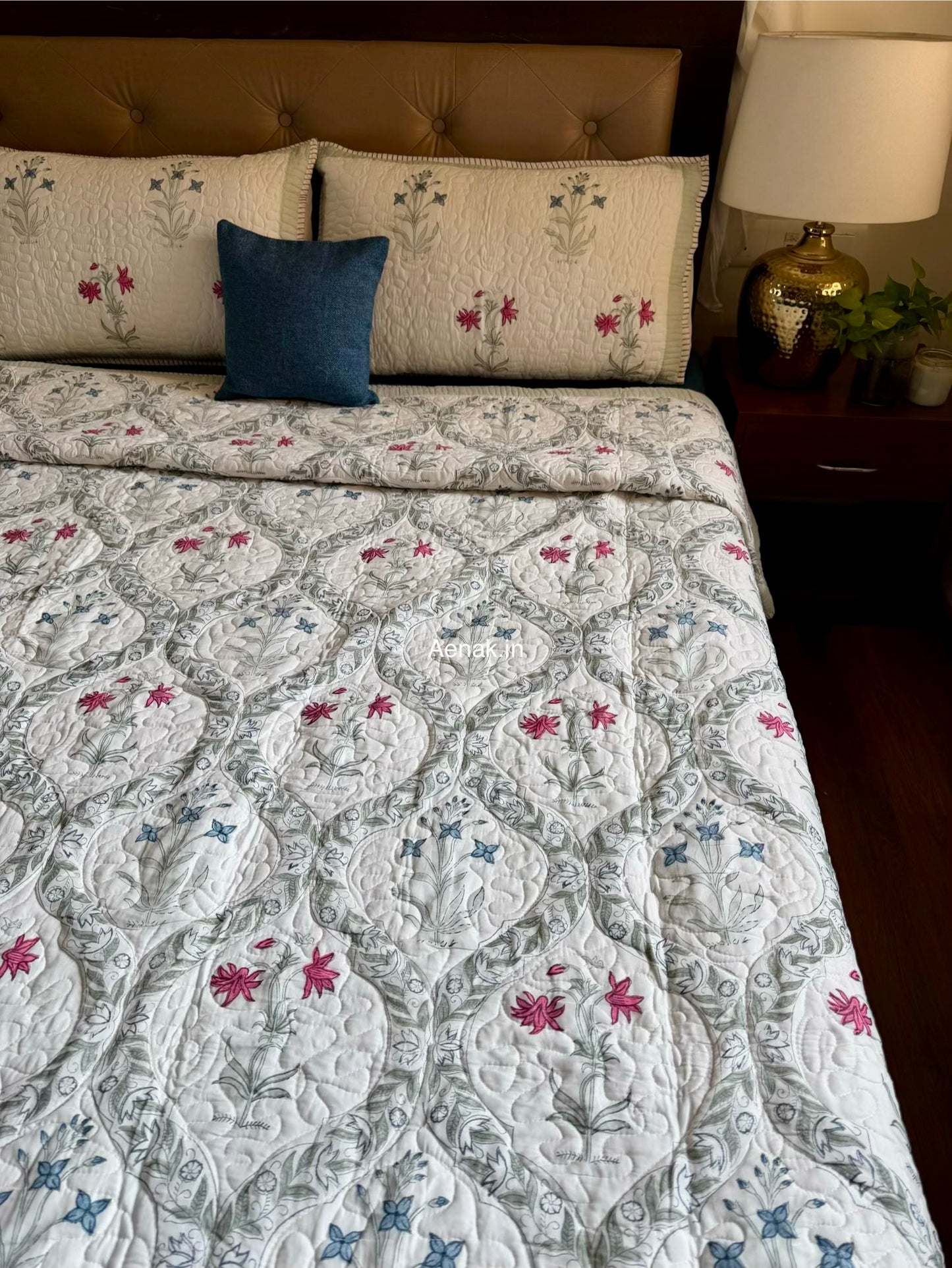 Pink Blue Floral Jaal Quilted Handblock Bedcover Set
