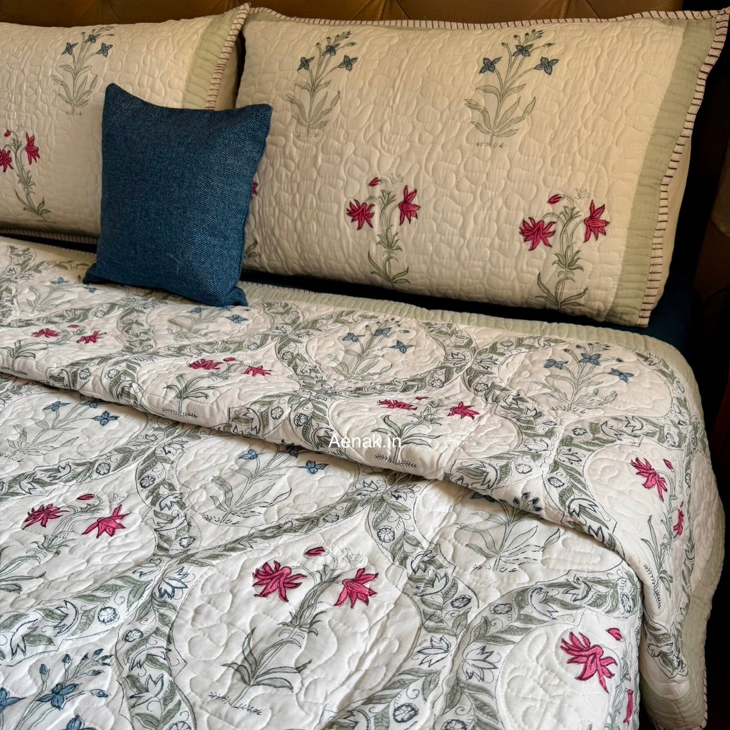 Pink Blue Floral Jaal Quilted Handblock Bedcover Set