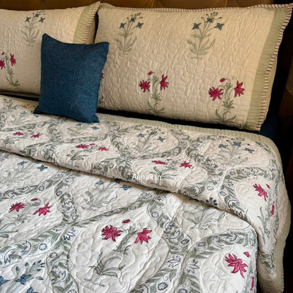 Pink Blue Floral Jaal Quilted Handblock Bedcover Set