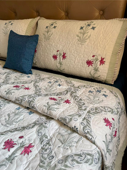 Pink Blue Floral Jaal Quilted Handblock Bedcover Set