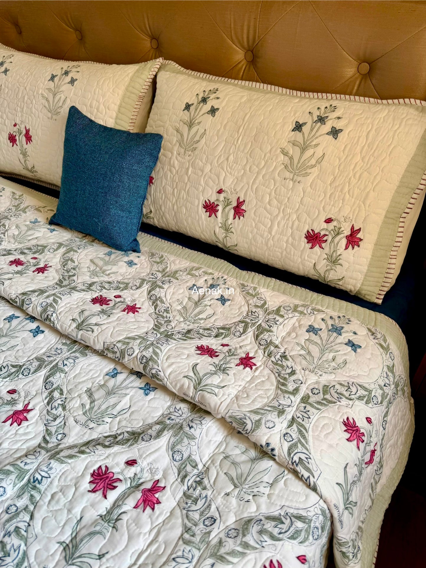 Pink Blue Floral Jaal Quilted Handblock Bedcover Set