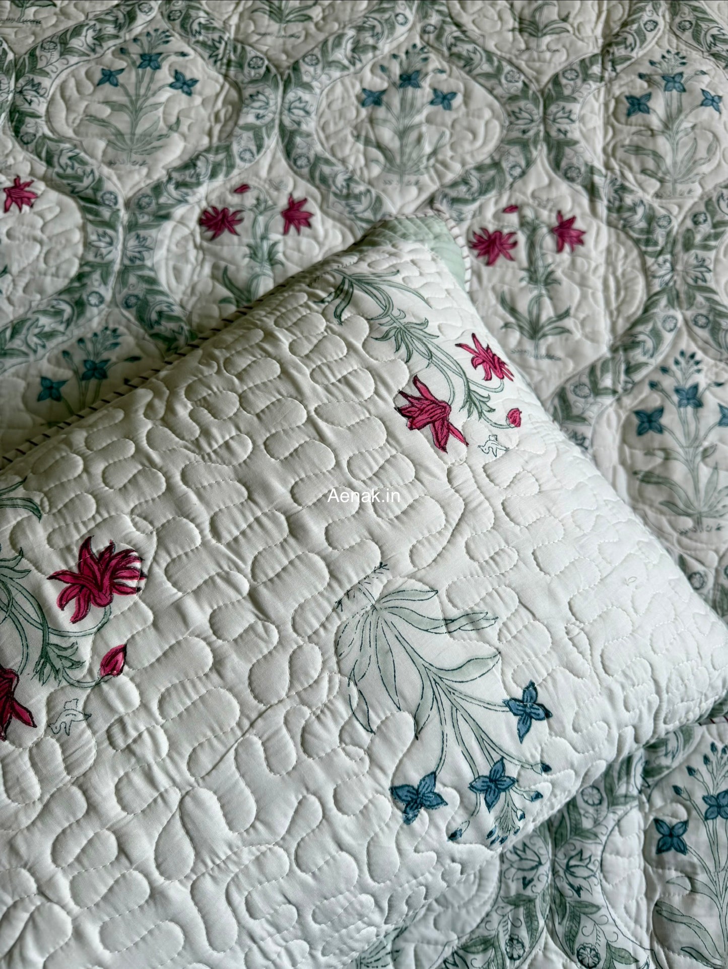 Pink Blue Floral Jaal Quilted Handblock Bedcover Set