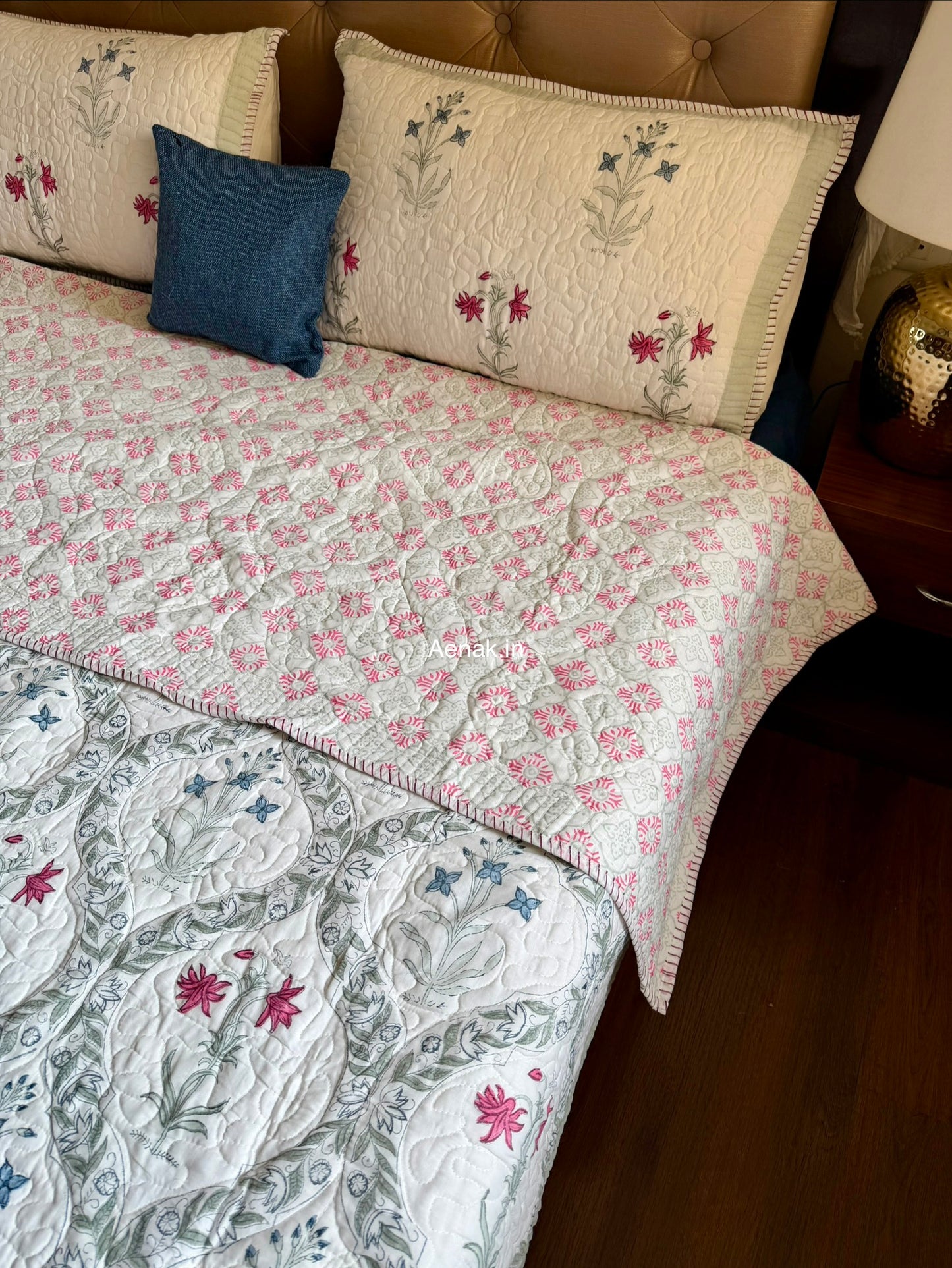 Pink Blue Floral Jaal Quilted Handblock Bedcover Set