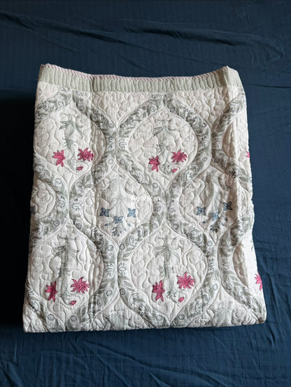 Pink Blue Floral Jaal Quilted Handblock Bedcover Set