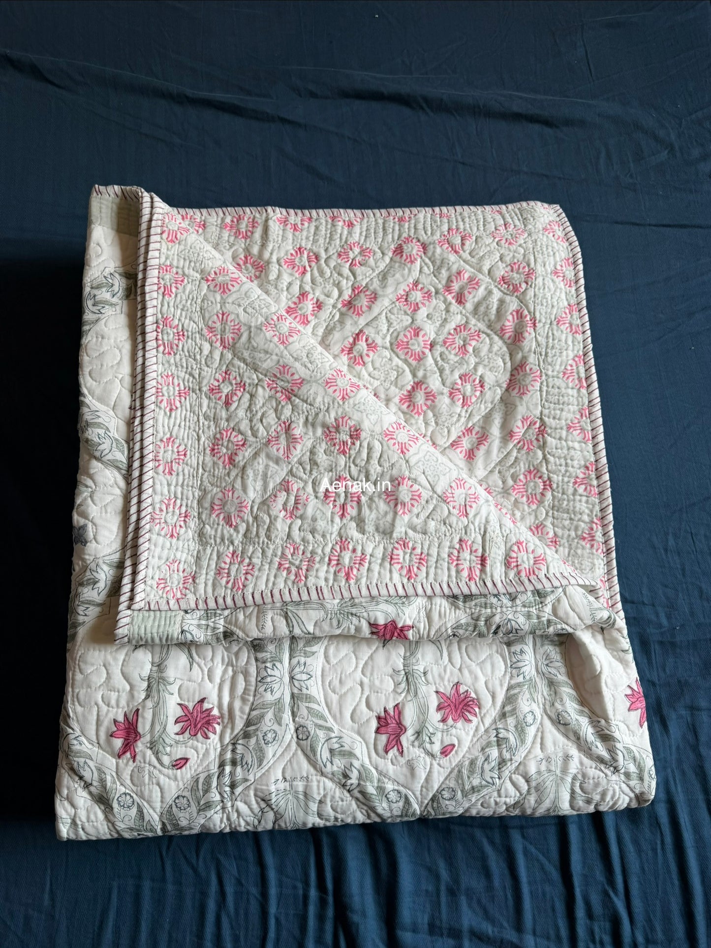 Pink Blue Floral Jaal Quilted Handblock Bedcover Set