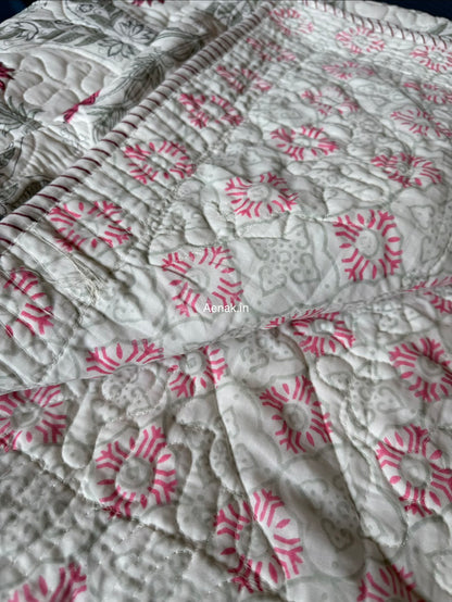 Pink Blue Floral Jaal Quilted Handblock Bedcover Set