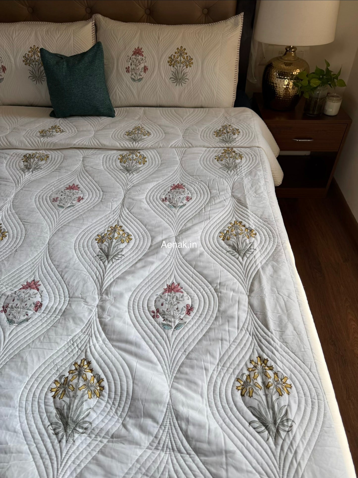 Peach Yellow Boota Embossed Handblock Bedcover Set