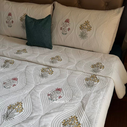 Peach Yellow Boota Embossed Handblock Bedcover Set