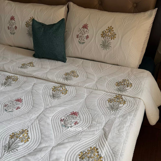 Peach Yellow Boota Embossed Handblock Bedcover Set