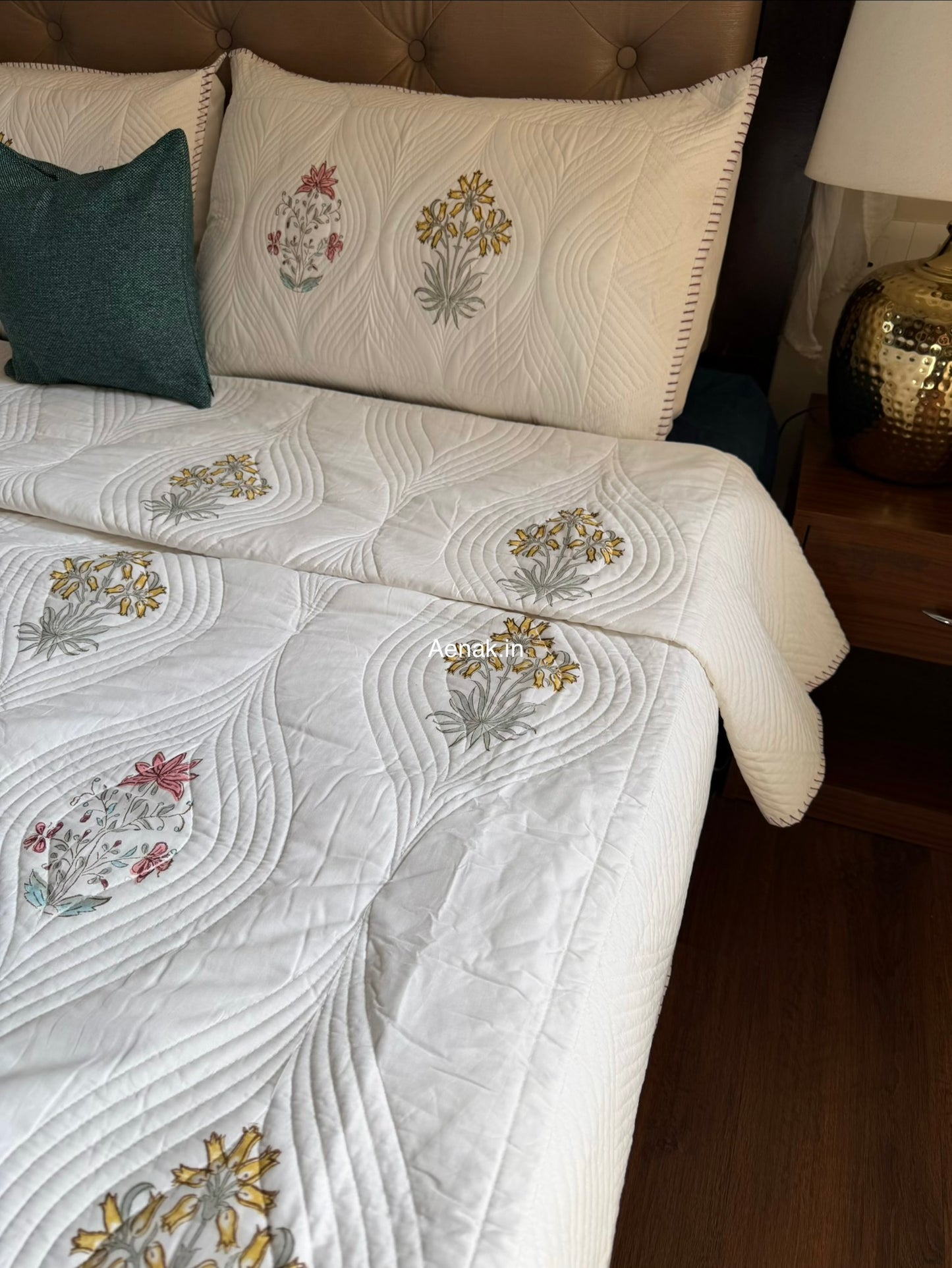 Peach Yellow Boota Embossed Handblock Bedcover Set