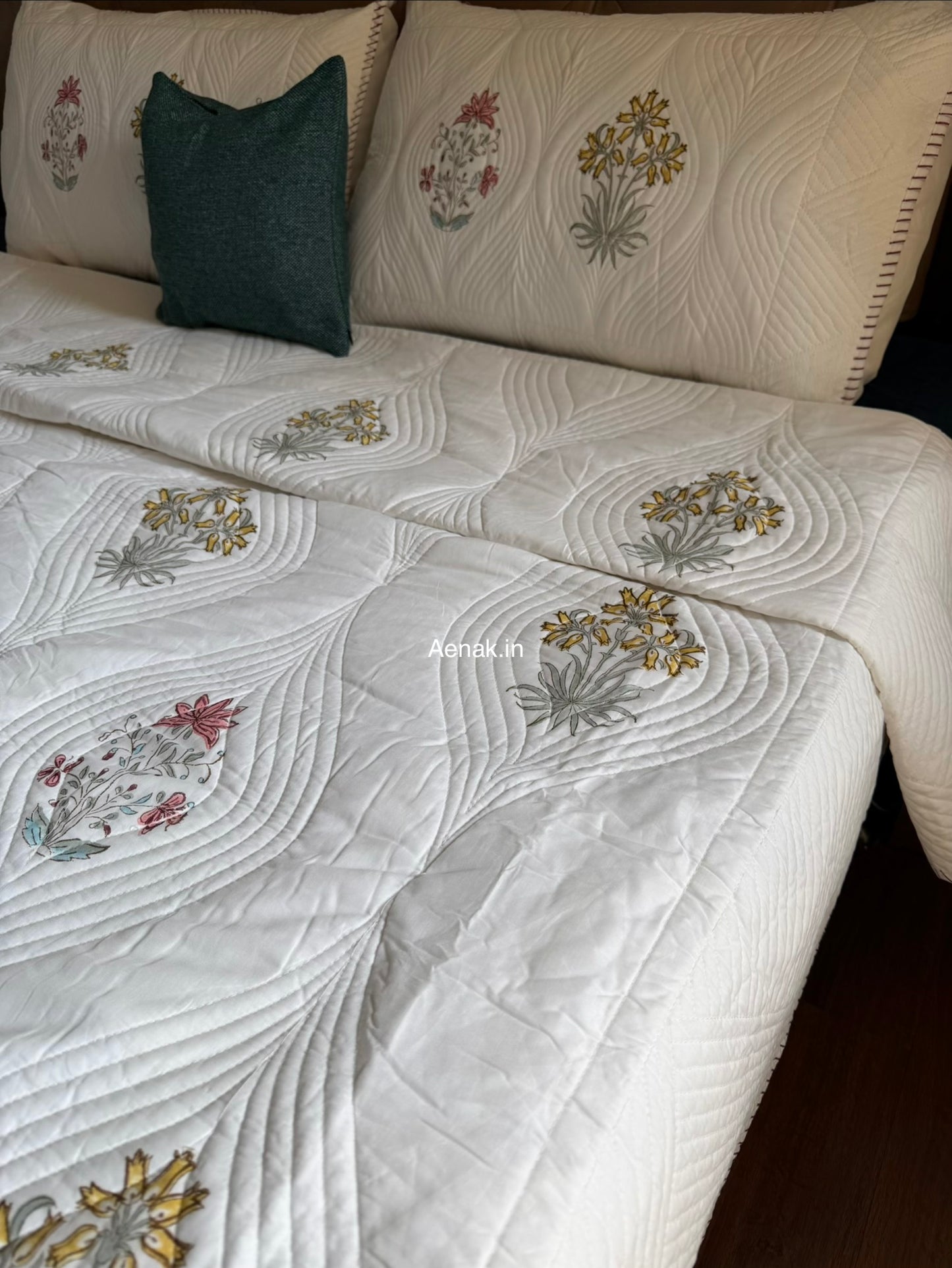 Peach Yellow Boota Embossed Handblock Bedcover Set