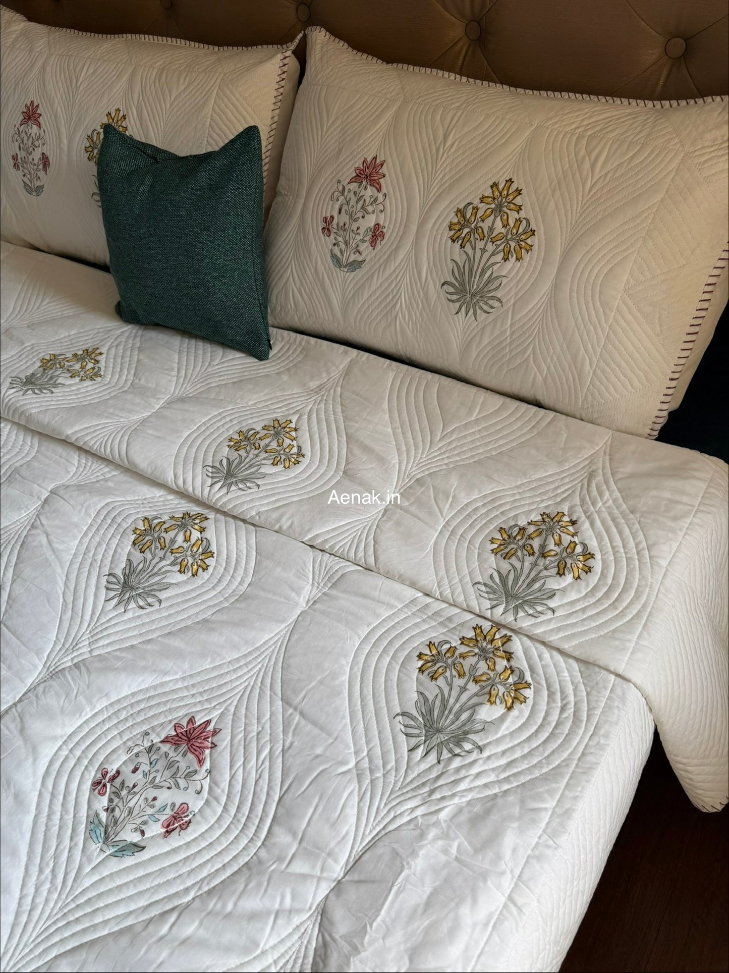 Peach Yellow Boota Embossed Handblock Bedcover Set