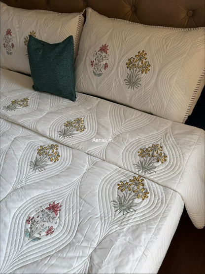 Peach Yellow Boota Embossed Handblock Bedcover Set