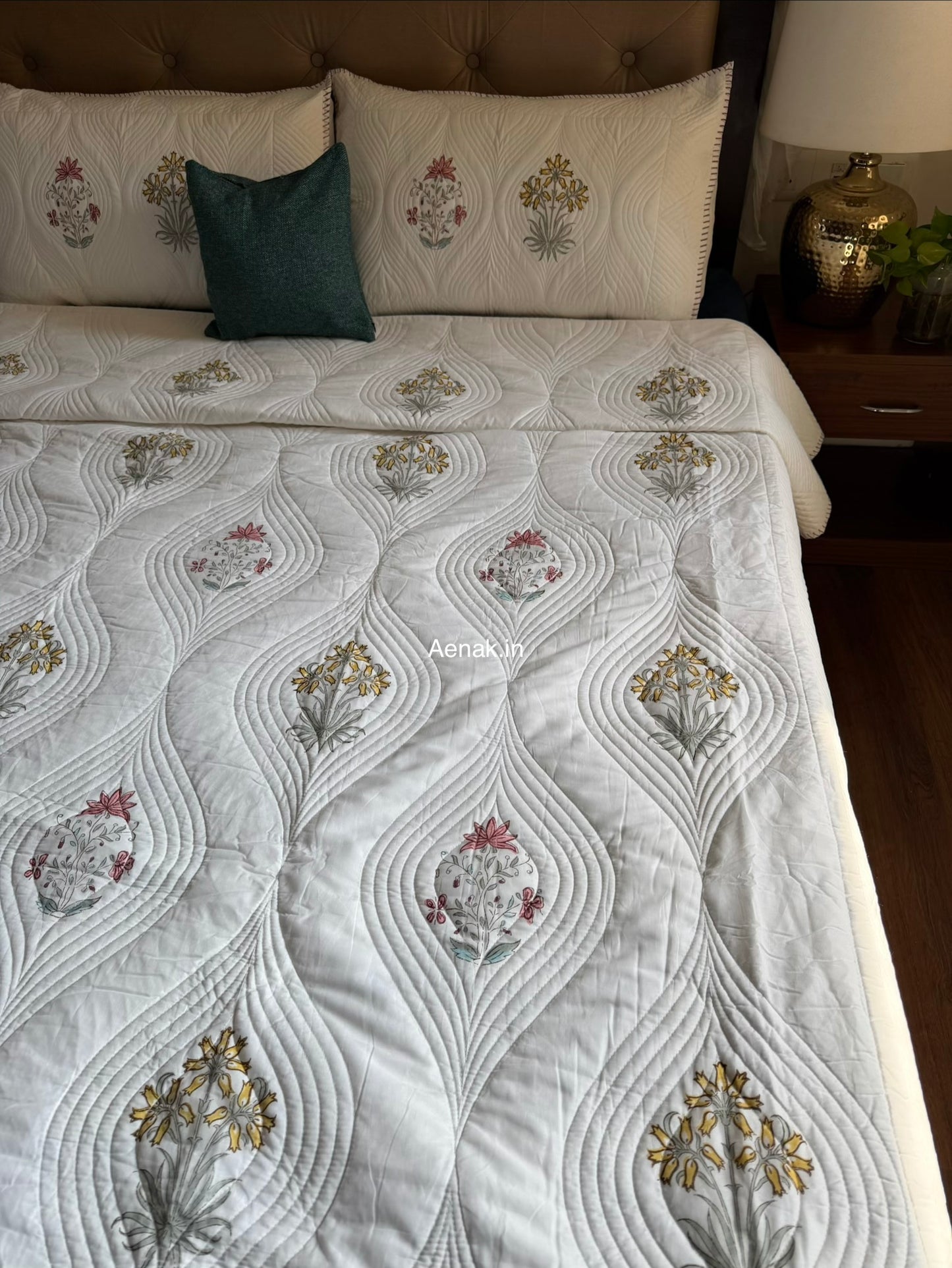 Peach Yellow Boota Embossed Handblock Bedcover Set