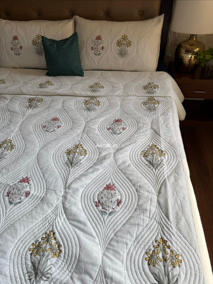 Peach Yellow Boota Embossed Handblock Bedcover Set