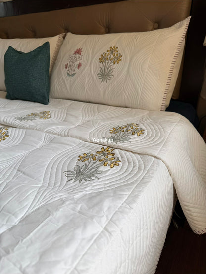 Peach Yellow Boota Embossed Handblock Bedcover