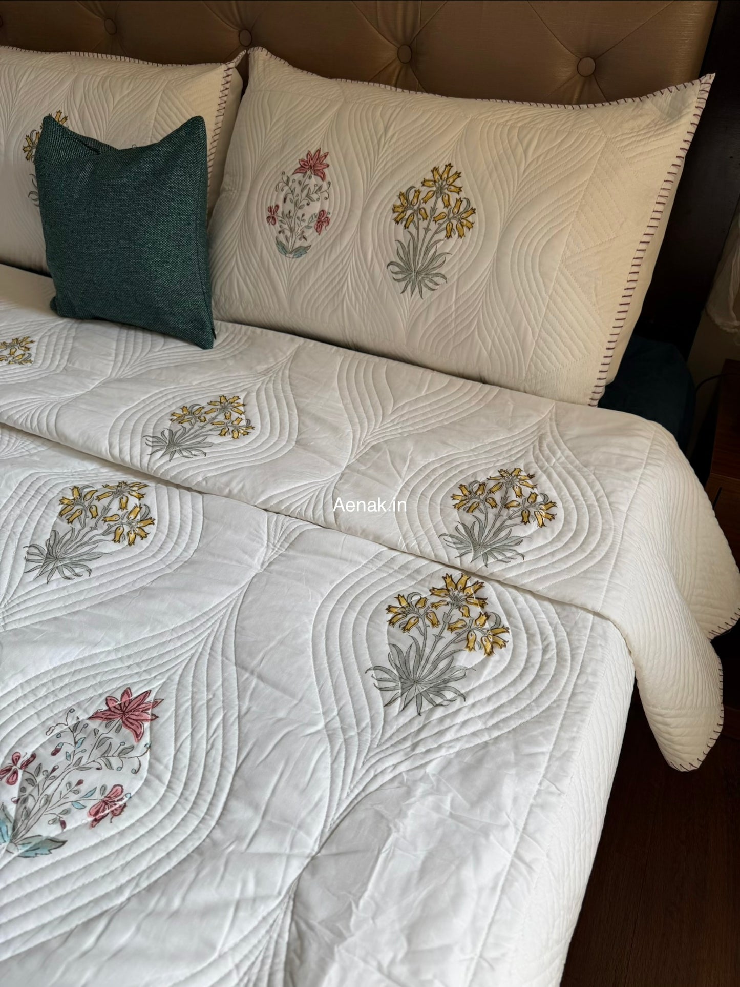 Peach Yellow Boota Embossed Handblock Bedcover Set
