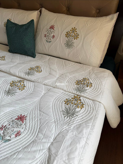 Peach Yellow Boota Embossed Handblock Bedcover Set