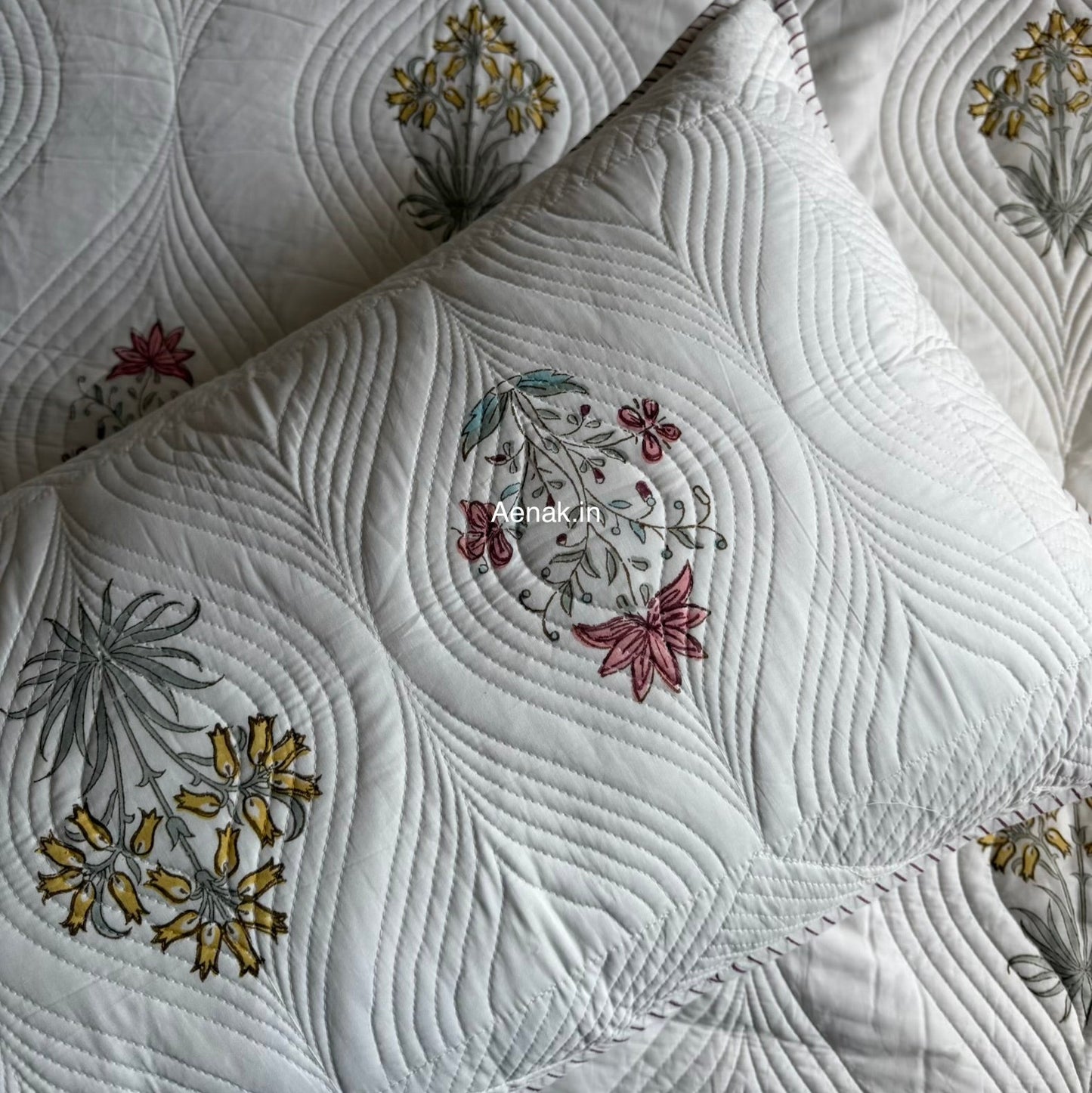 Peach Yellow Boota Embossed Handblock Bedcover Set